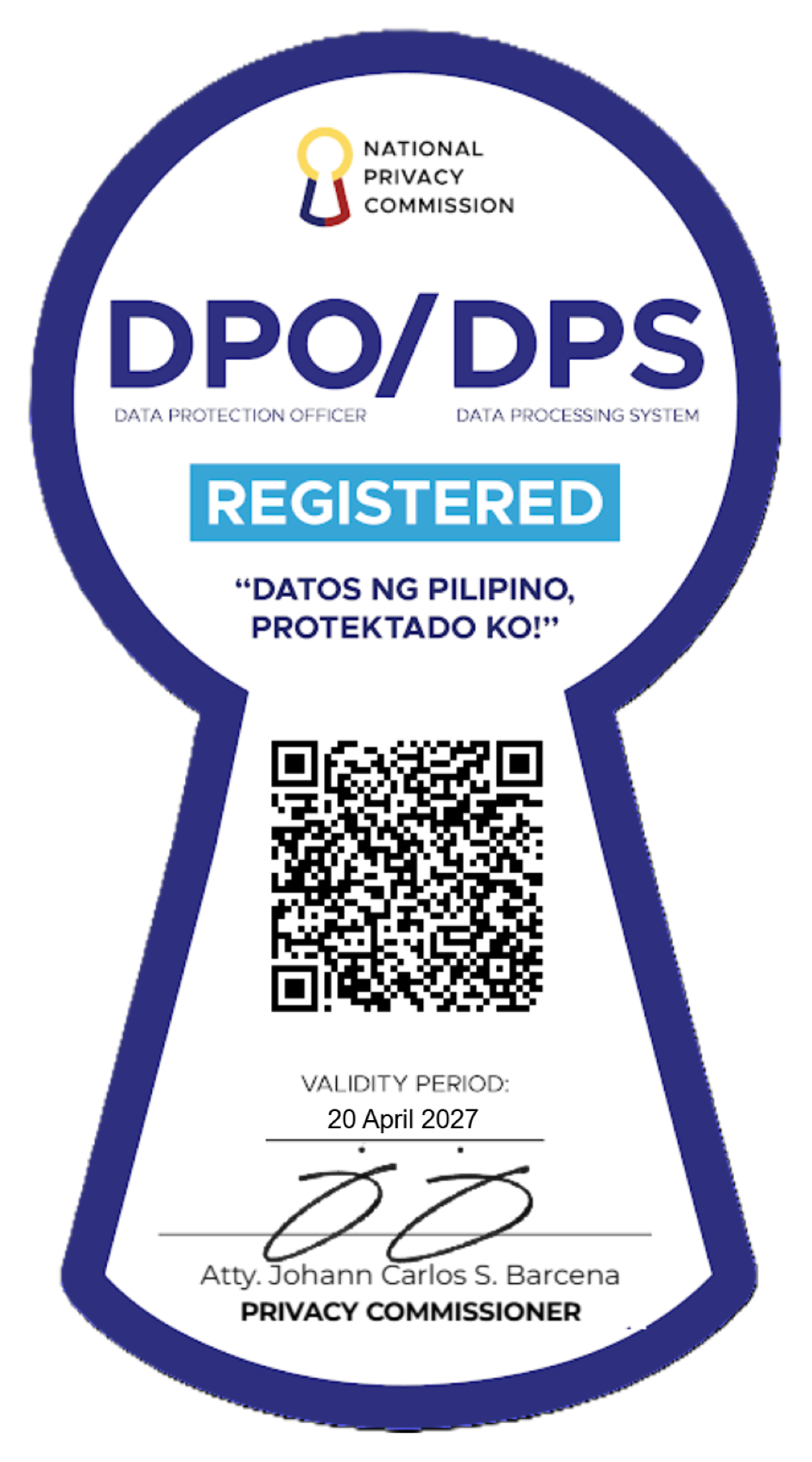 San Fernando National Privacy Commission DPO/DPS registration seal, including verification QR code, valid until 20 April 2027